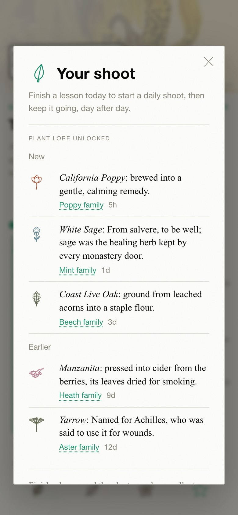 The shoot sheet: plant lore unlocked, newest first, each with its family a tap away