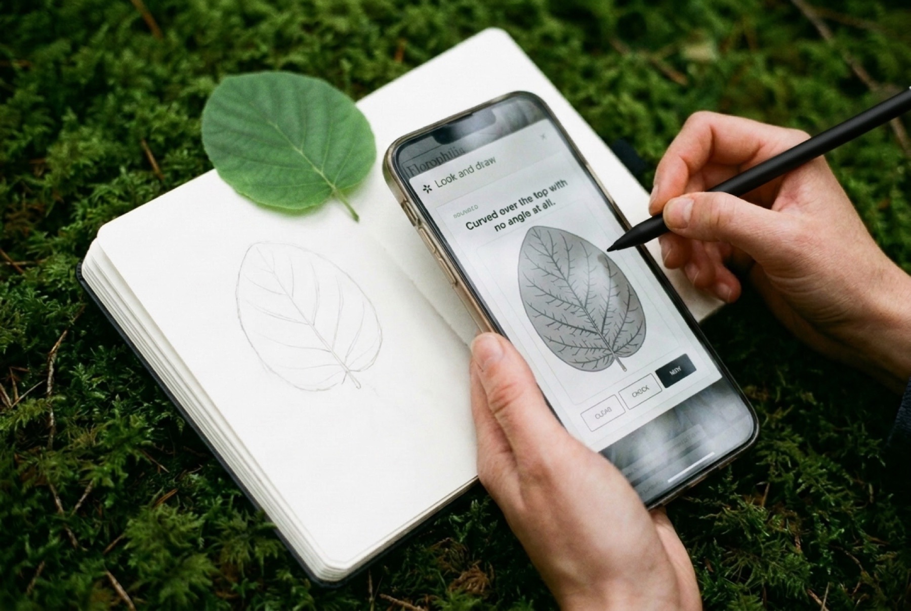 A leaf resting on an open sketchbook while hands sketch the same leaf on a phone with a stylus, on a moss bed
